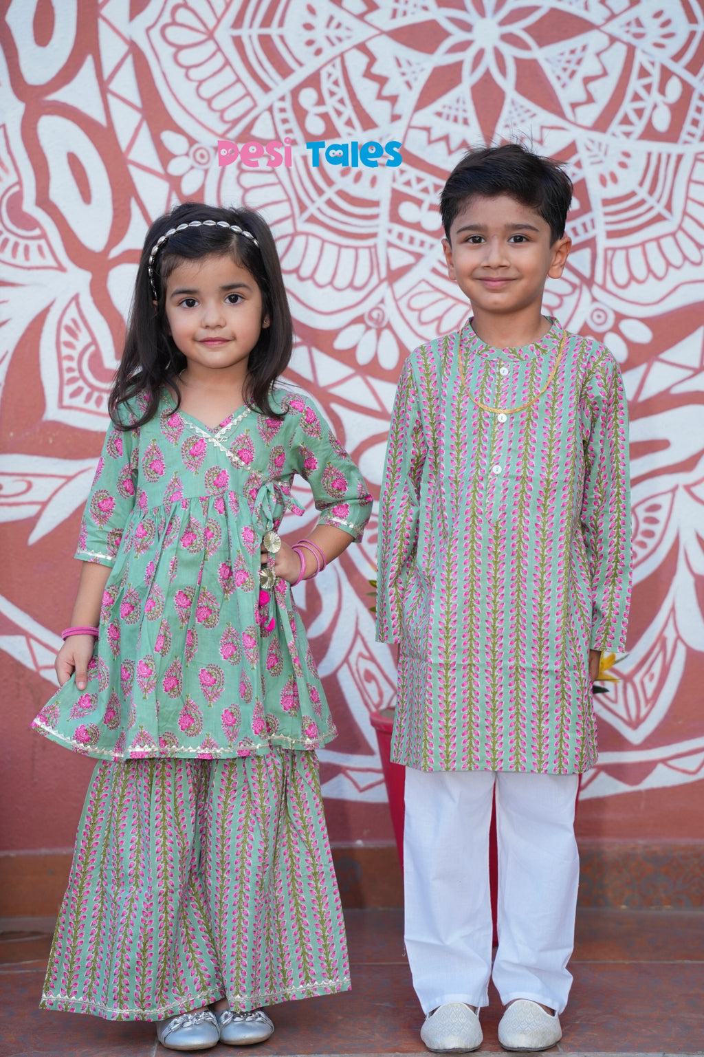 Green Pink Leaf Angrakha Twinning Sharara Set