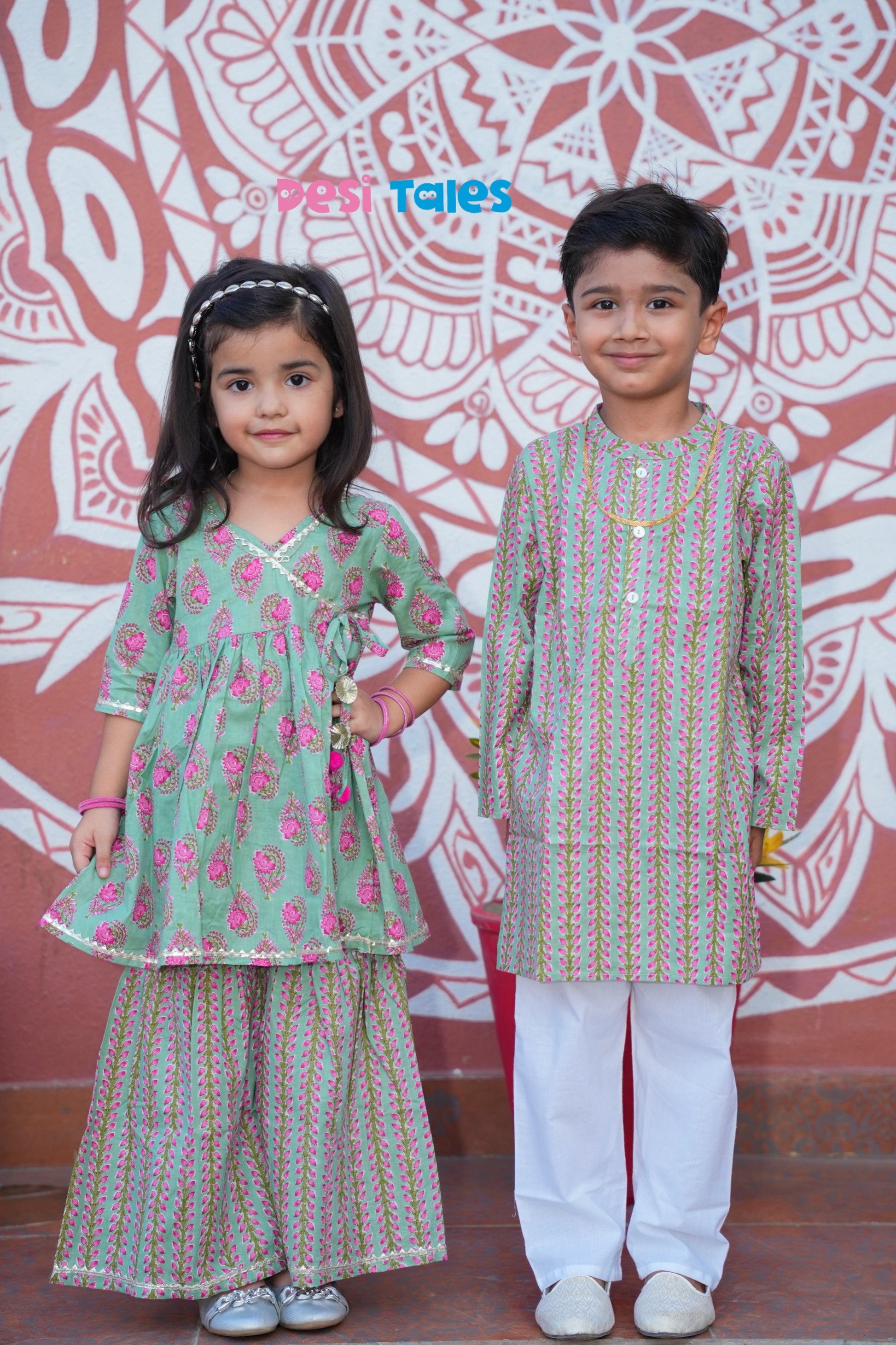 Green Pink Leaf Angrakha Twinning Sharara Set
