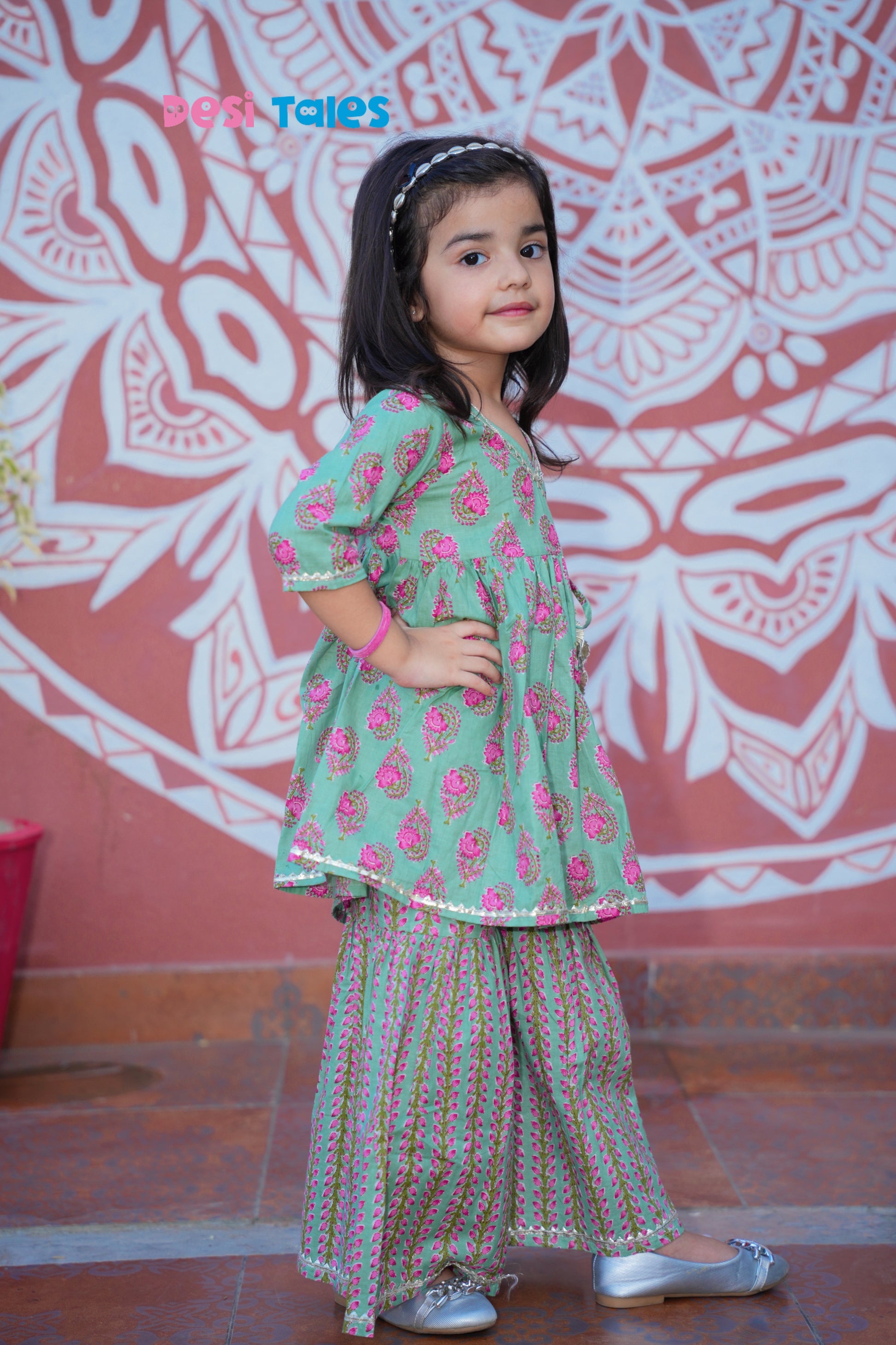 Green Pink Leaf Angrakha Twinning Sharara Set
