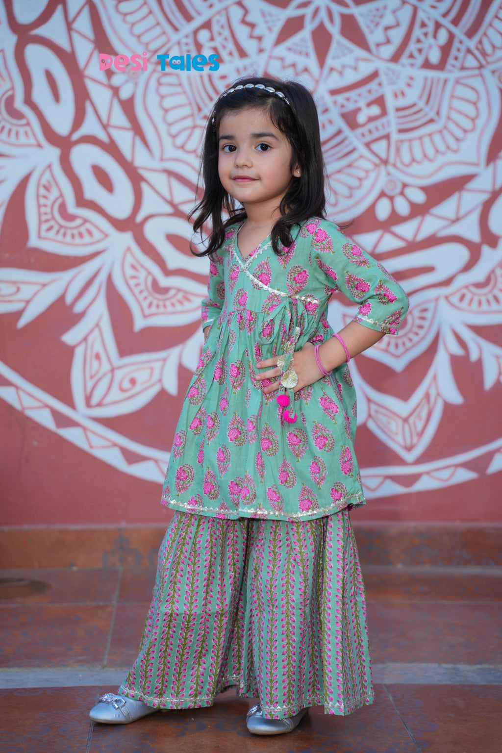 Green Pink Leaf Angrakha Twinning Sharara Set