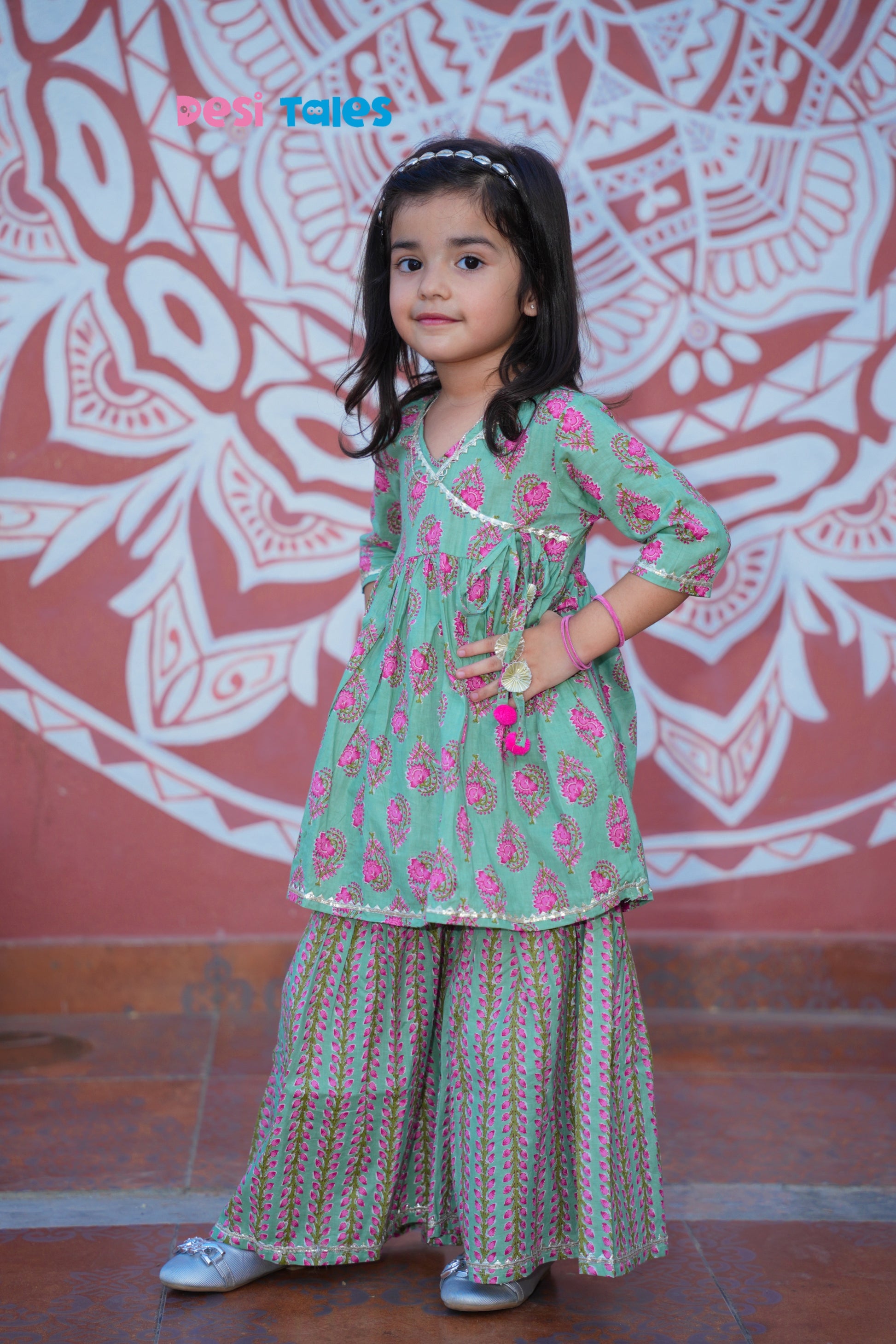 Green Pink Leaf Angrakha Twinning Sharara Set