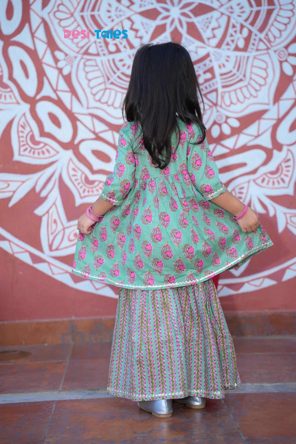Green Pink Leaf Angrakha Twinning Sharara Set
