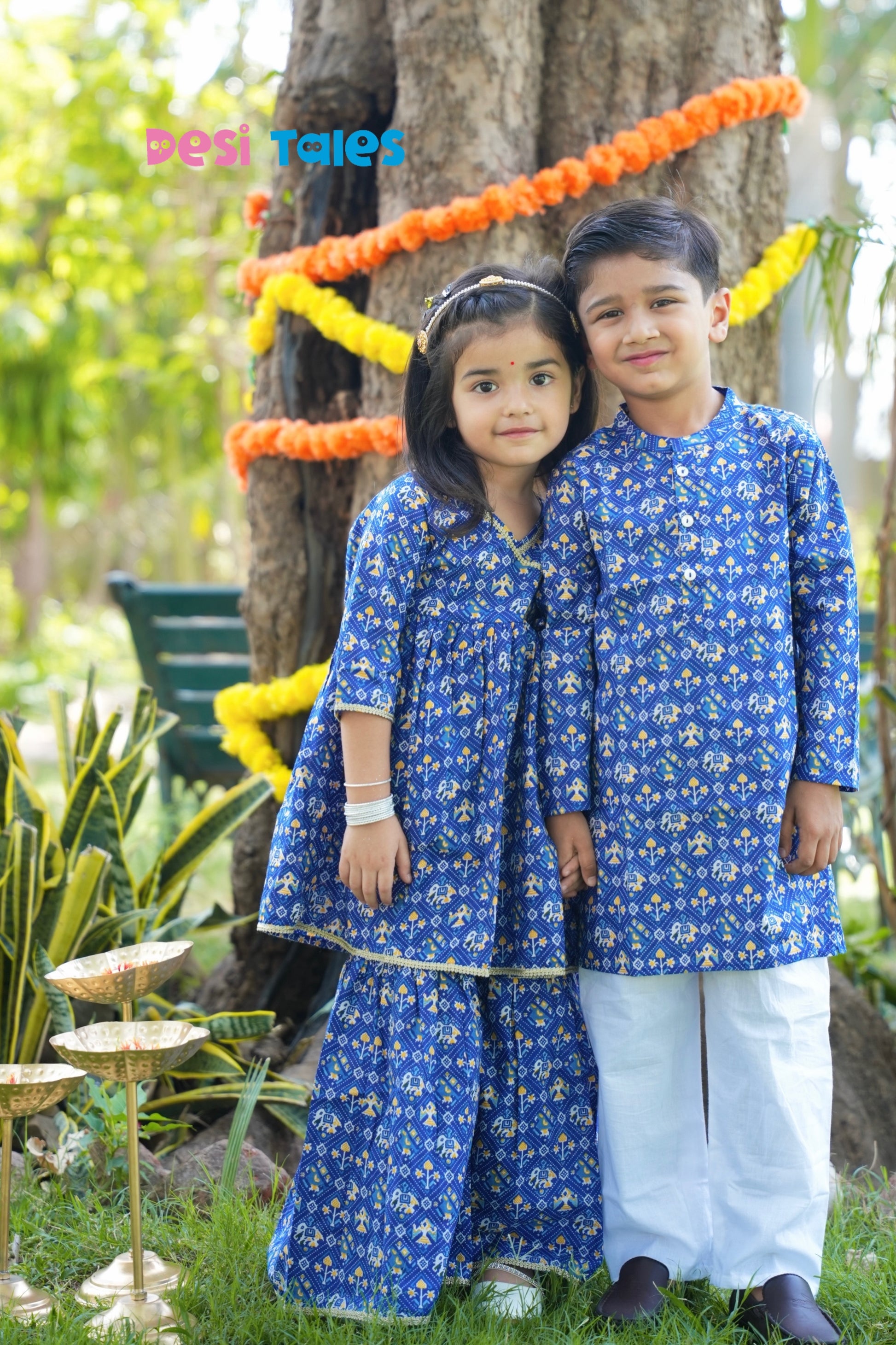 Blue Dotted Elephant Kurta Pyjama