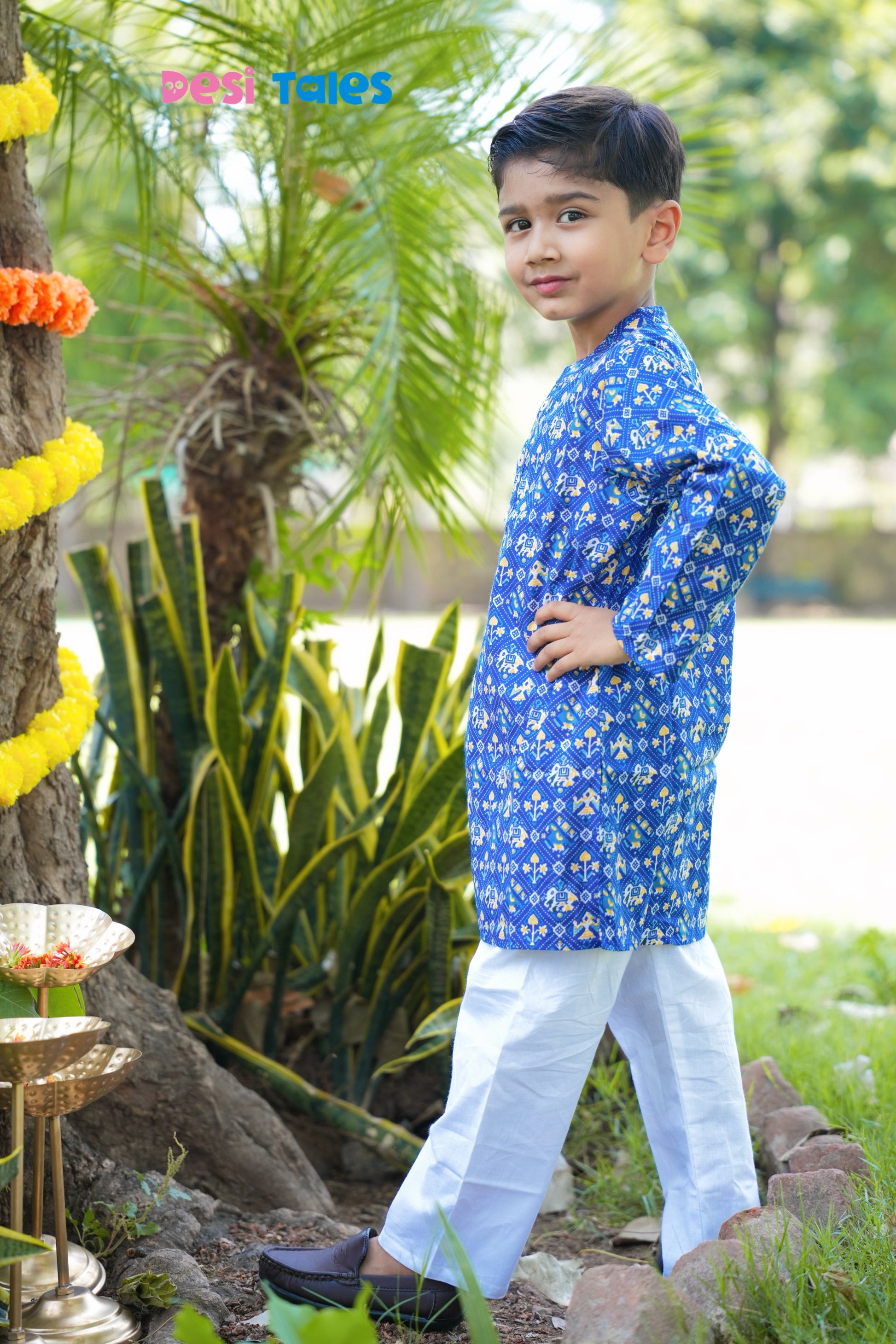 Blue Dotted Elephant Kurta Pyjama