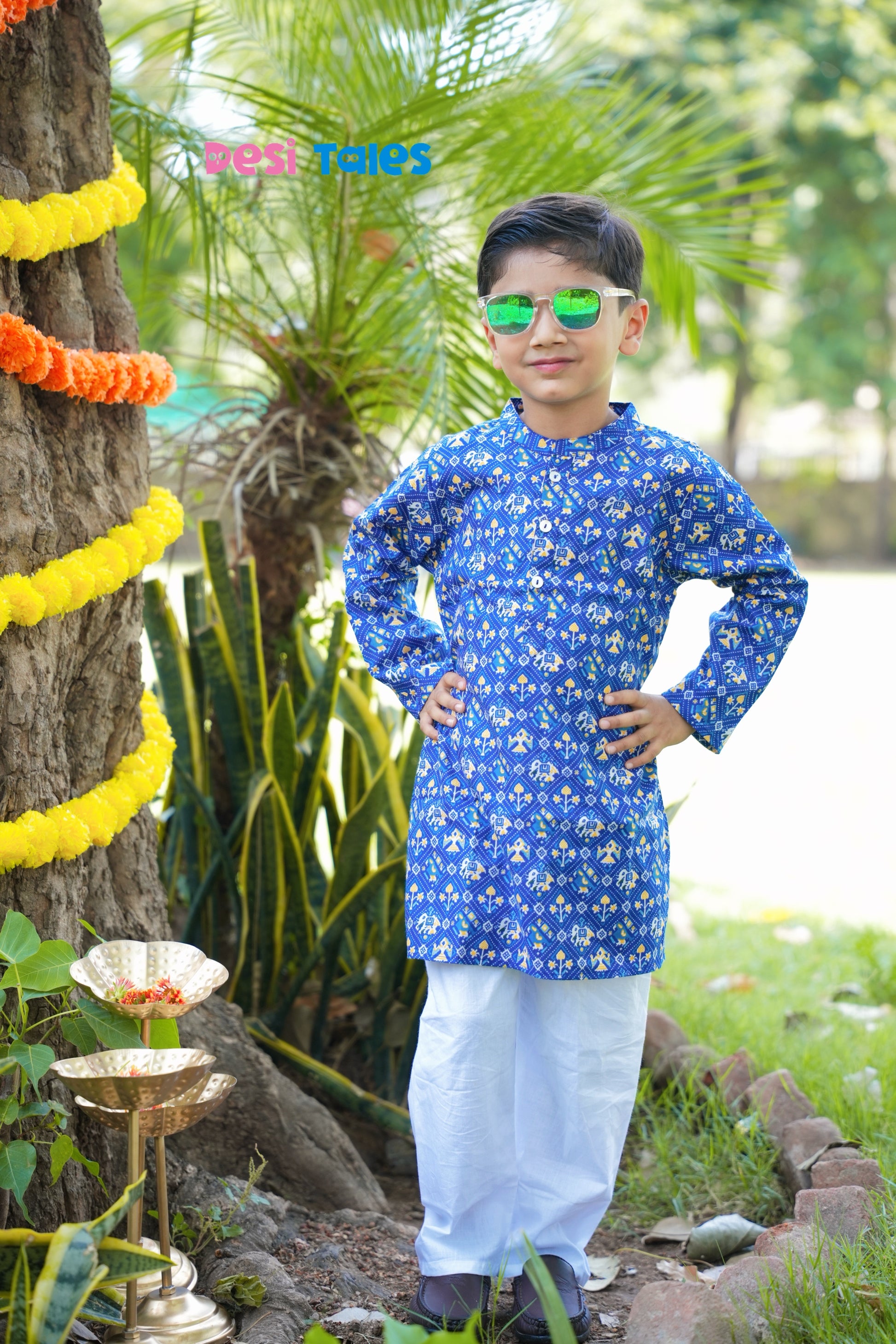 Blue Dotted Elephant Kurta Pyjama