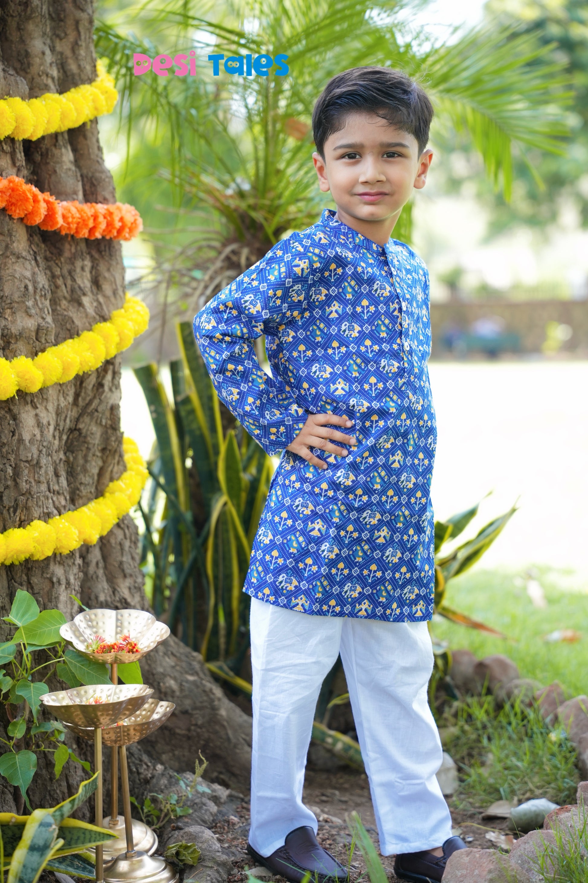 Blue Dotted Elephant Kurta Pyjama