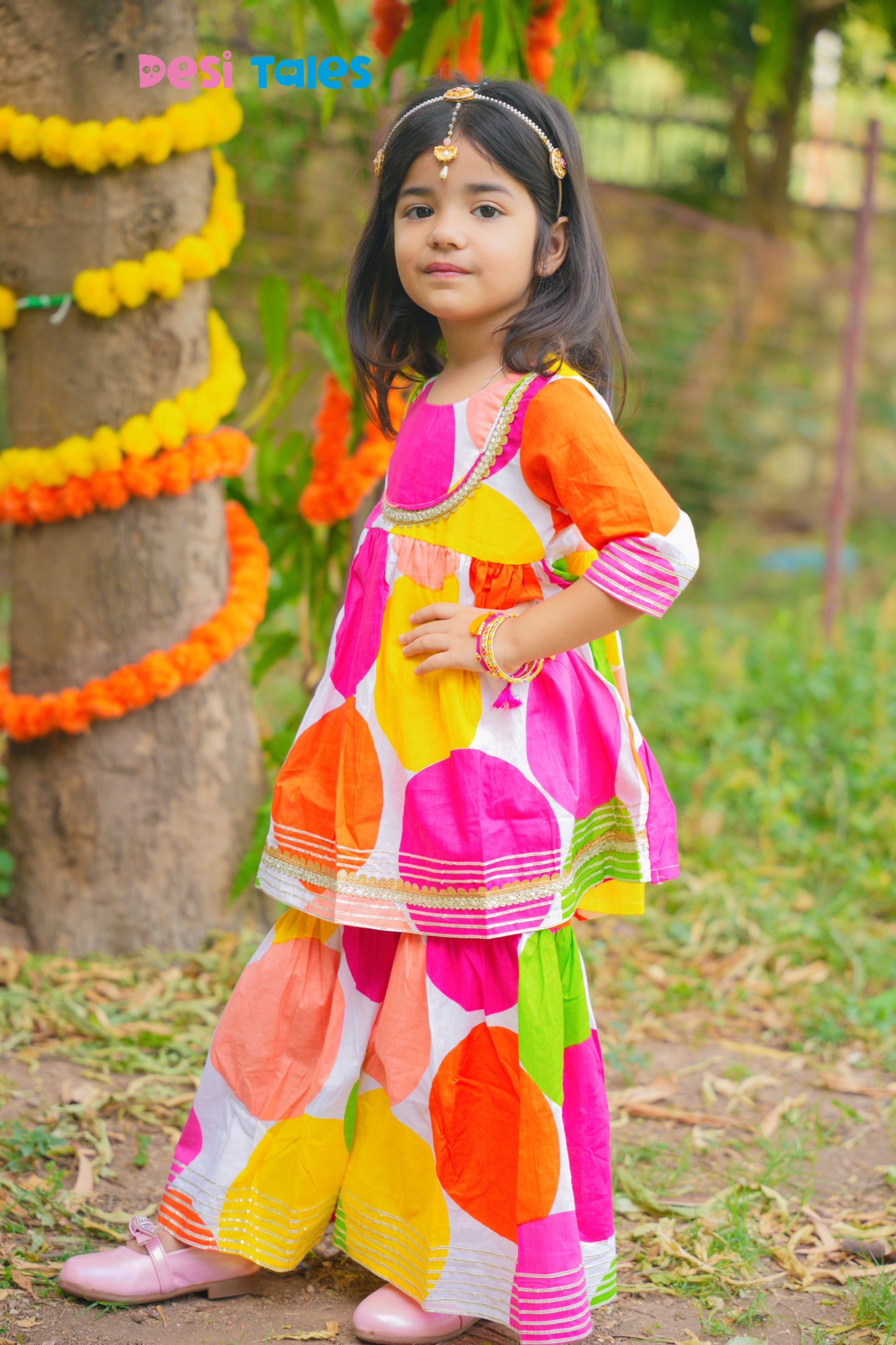 Coin Lace Yoke Multicolour Circle Sharara Set