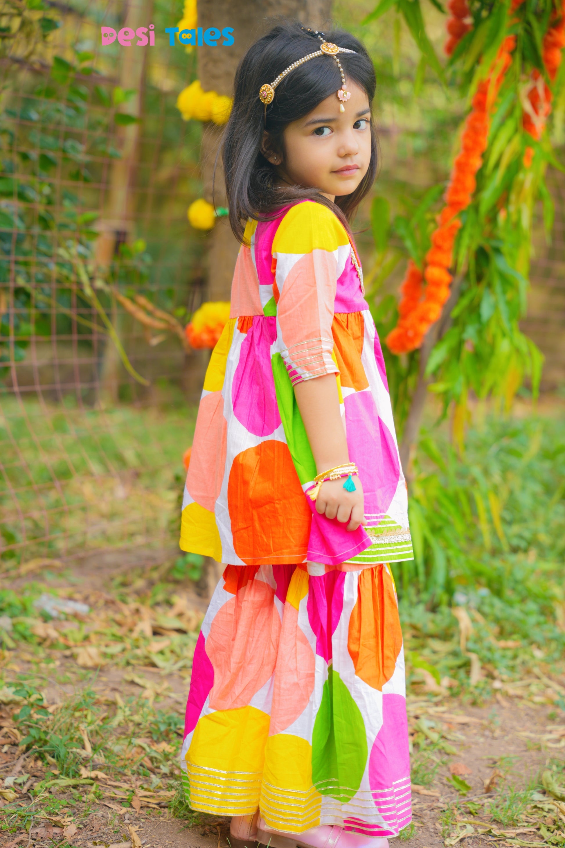 Coin Lace Yoke Multicolour Circle Sharara Set