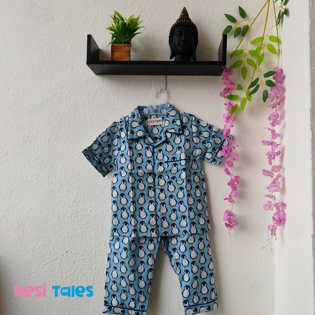 Blue Penguin Night Dress – Kids Half Sleeve Cotton Sleepwear | Soft & Comfortable Pajama Set (1–11 Years)