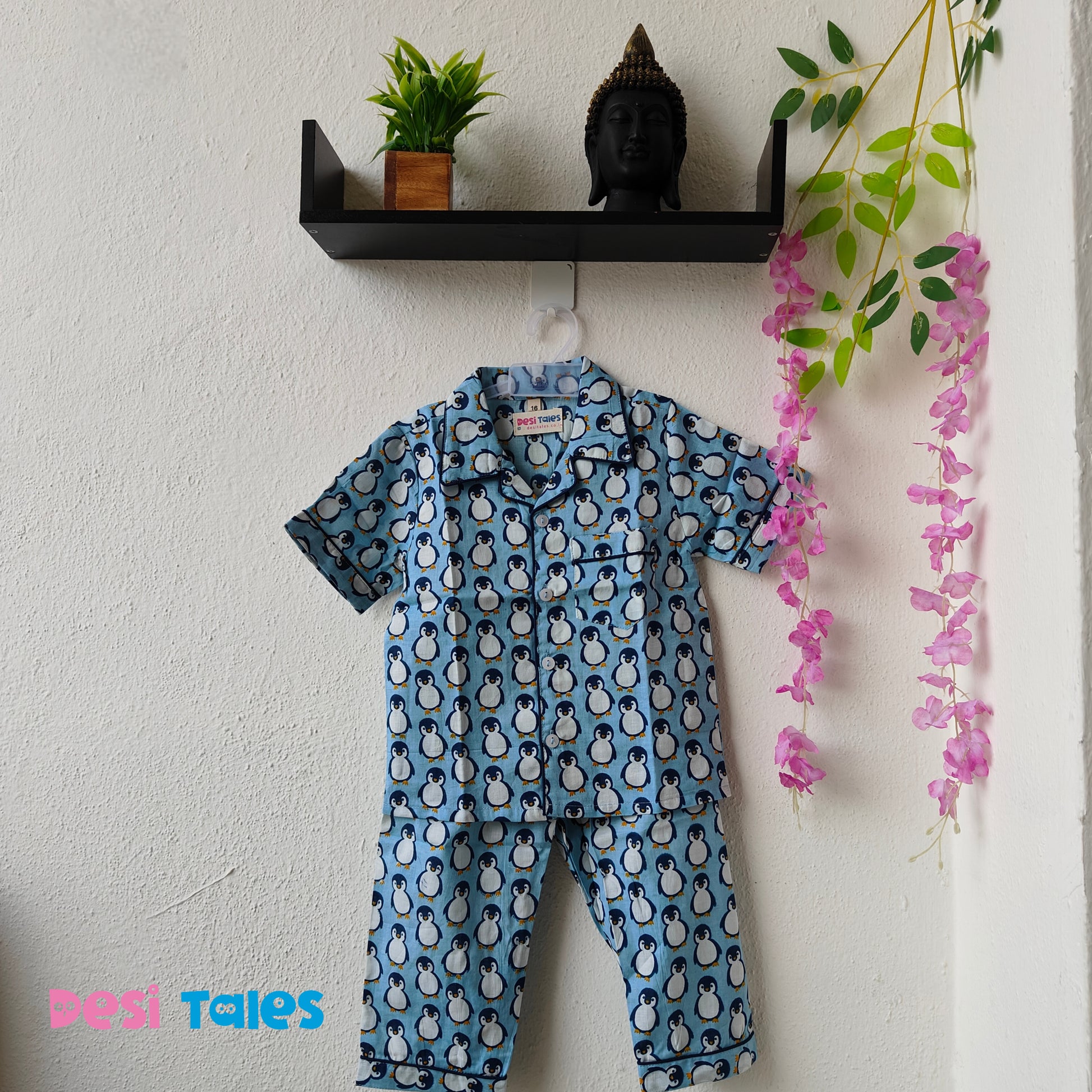 Blue Penguin Night Dress – Kids Half Sleeve Cotton Sleepwear | Soft & Comfortable Pajama Set (1–11 Years)