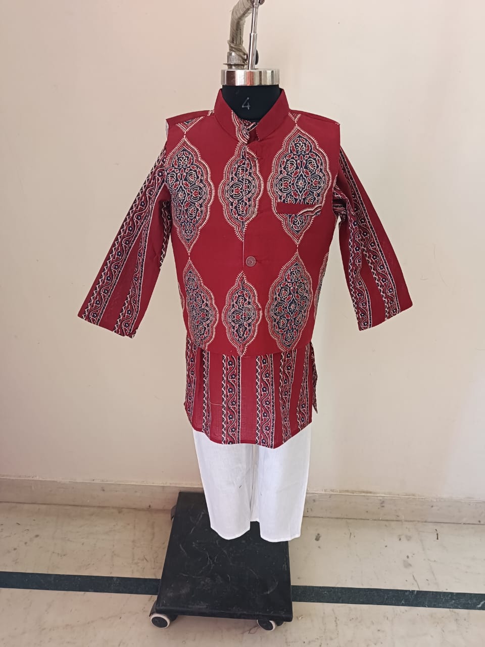Red Floral Ajrakh Striped Kurta Jacket Set