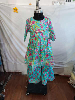 Piped Yoke Blue Pink Floral Sharara Set