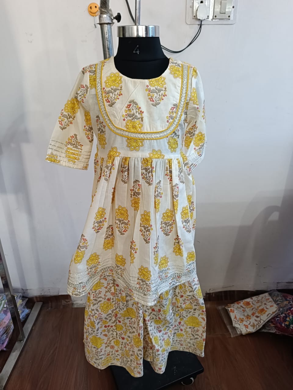 Piped Yoke Yellow Motif Cream Sharara Set