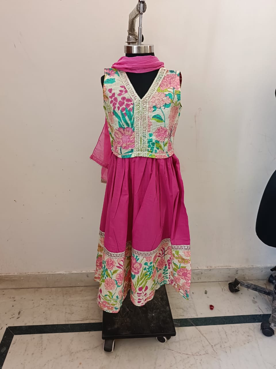 Pink Lehenga With Border And Bow Blouse And Dupatta