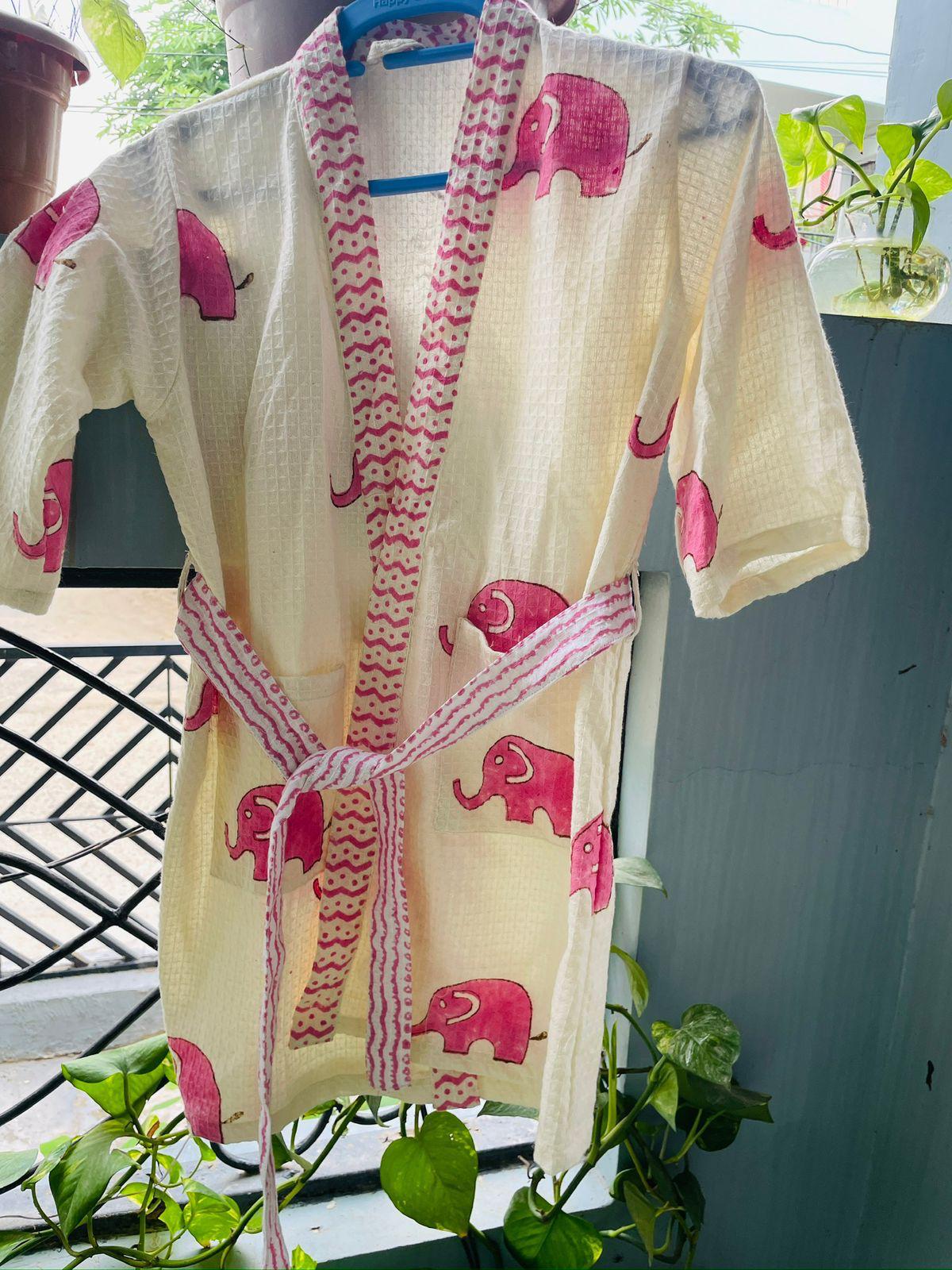 Pink Elephant Bath Robe - Hand Block Printed