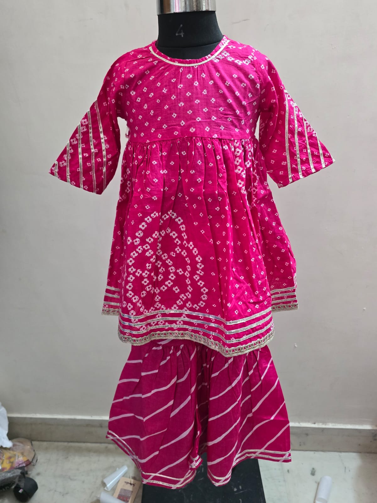 Rani Pink Bandhani Top with Leheriya Sharara