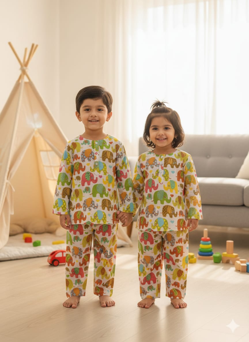 Multicolour Elephant Full Sleeve Unisex Coord Set