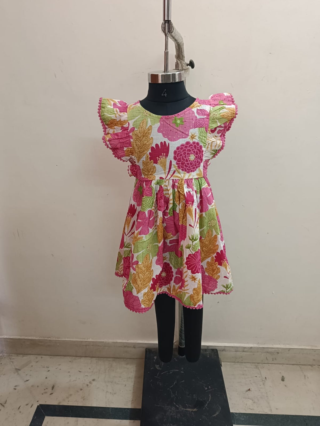 Pink Floral Pompom Lace Frock