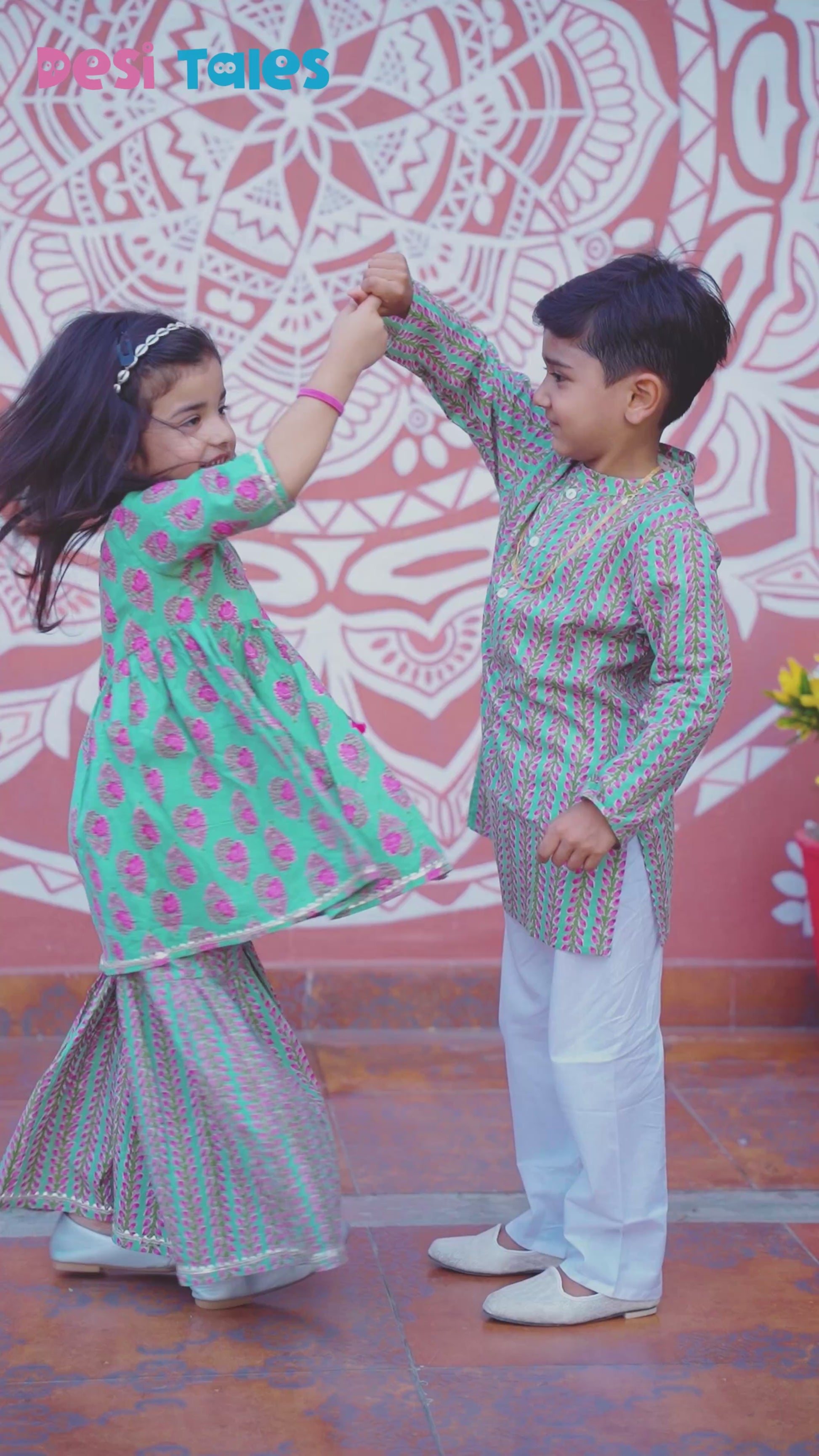 Green Pink Leaf Angrakha Twinning Sharara Set