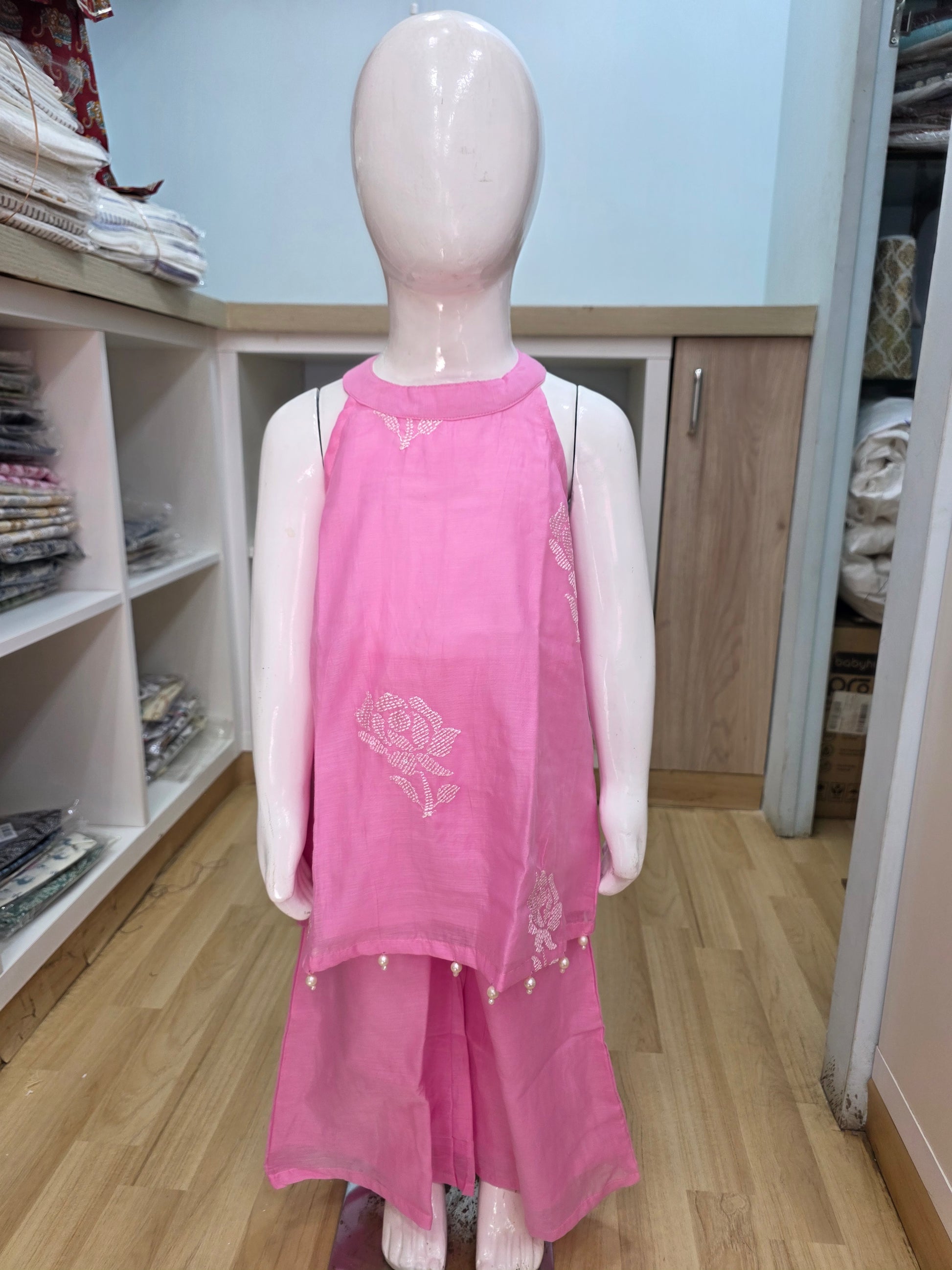 Pink Rose Mul Chanderi Halter Neck Palazzo Set