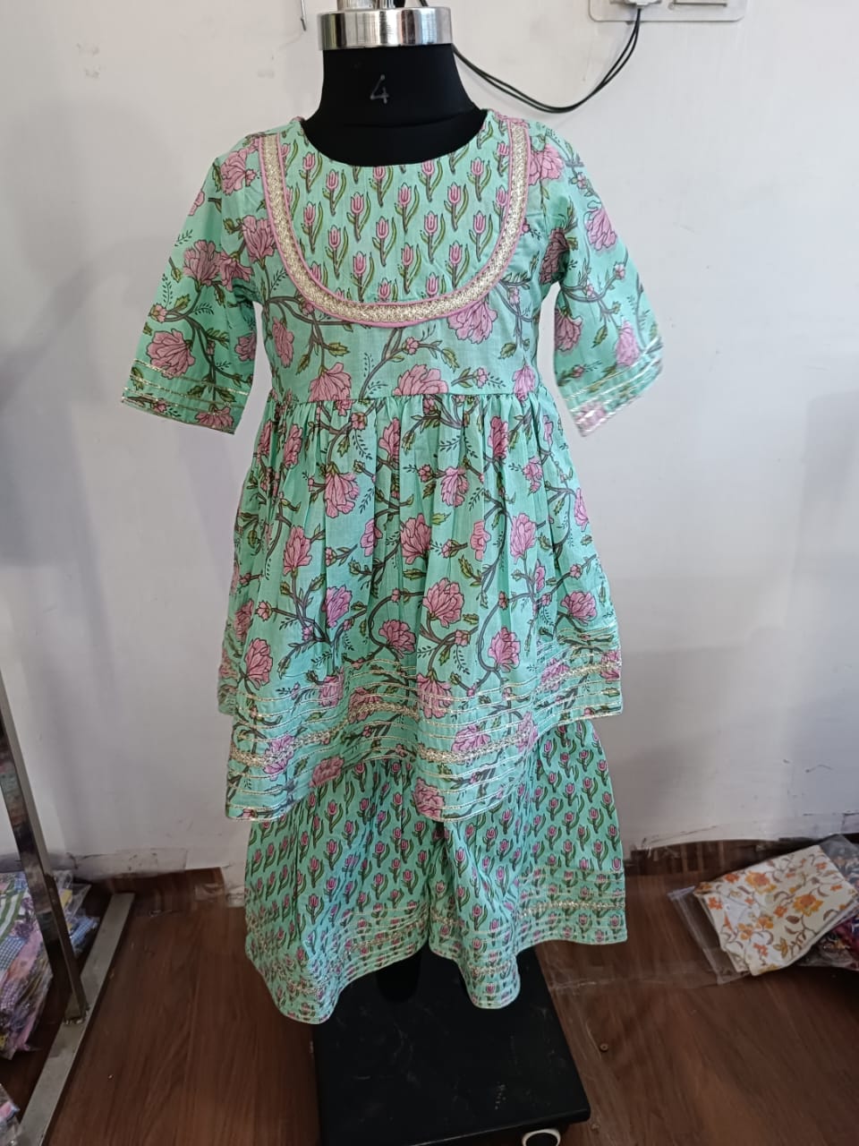 Piped Yoke Rama Green Floral Sharara Set