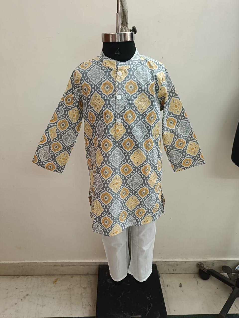 Yellow Grey Motif Kurta Pyjama
