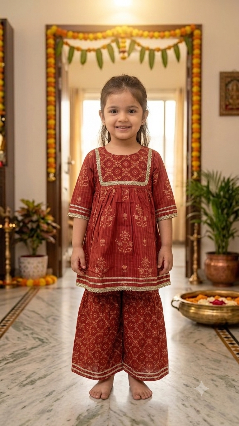 Rust Orange Square Yoke Floral Sharara
