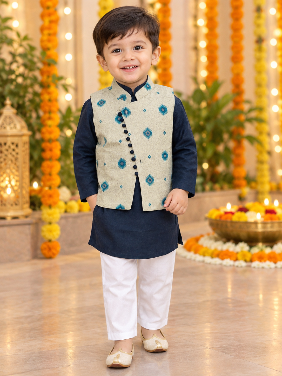Blue Jhaal Boota Cross Cut Jacket Set