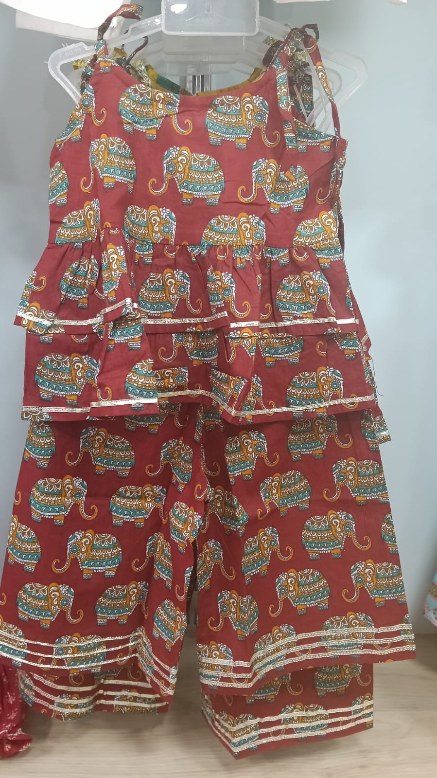 Red Elephant Spaghetti Peplum Top with Straight Pants