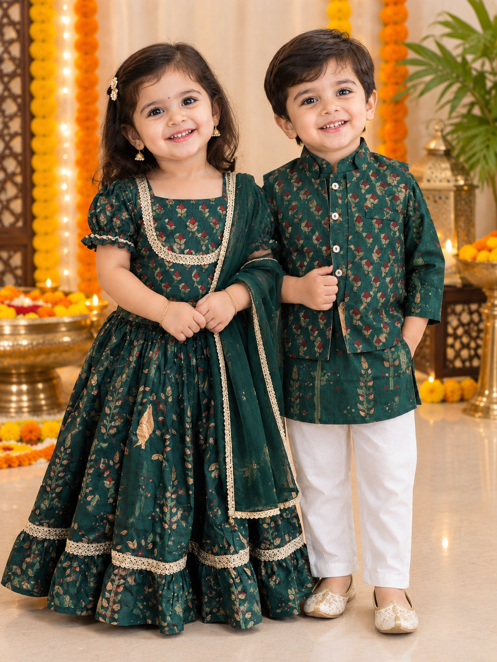 Bottle Green Bird Twinning Lehenga with Dupatta