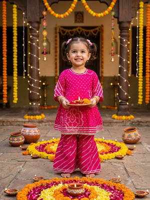 Rani Pink Bandhani Top with Leheriya Sharara