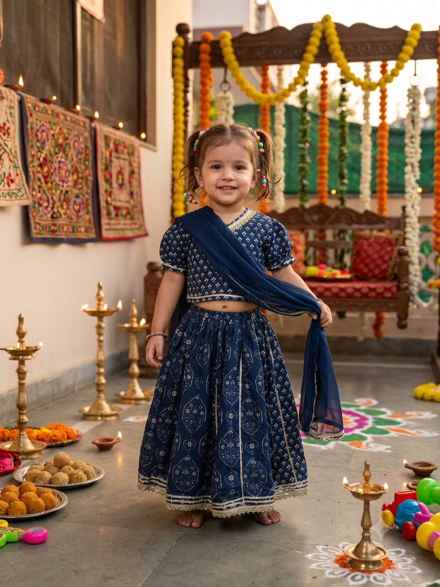 Navy Hexagon Half & Half Lehenga