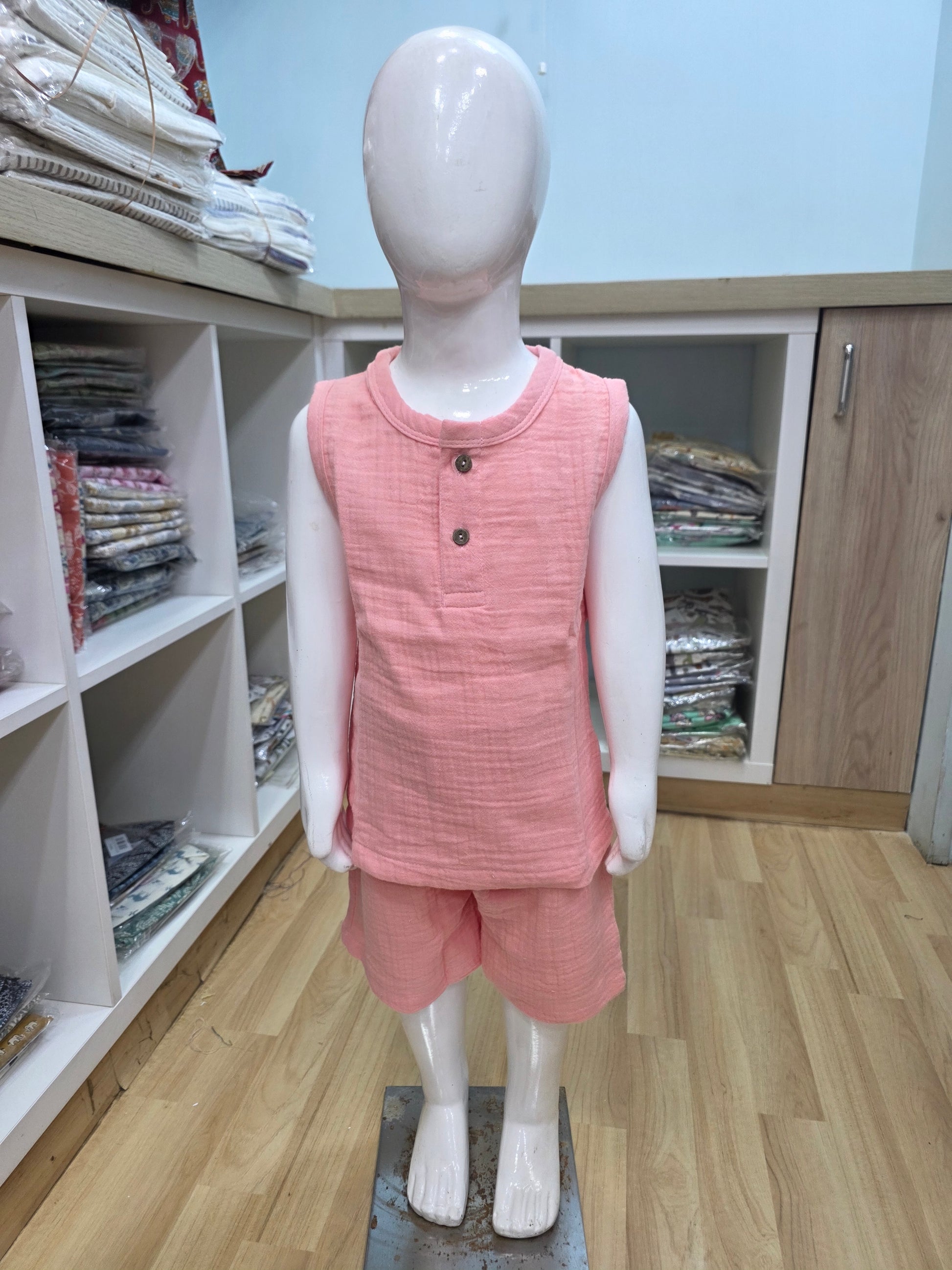 Peach Crinkled Muslin Sleeveless Coord Set