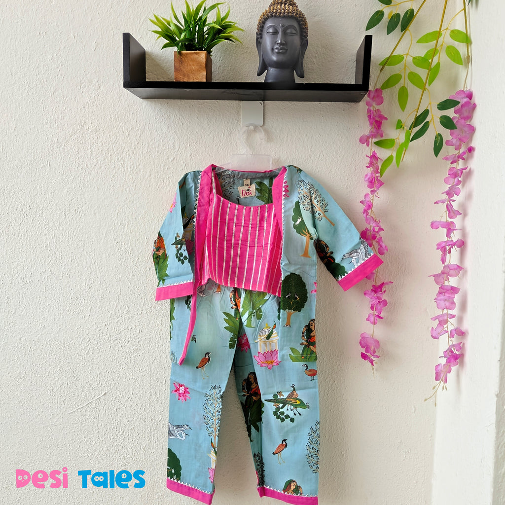 Green Pink Pichhwai Shrug Coord Set