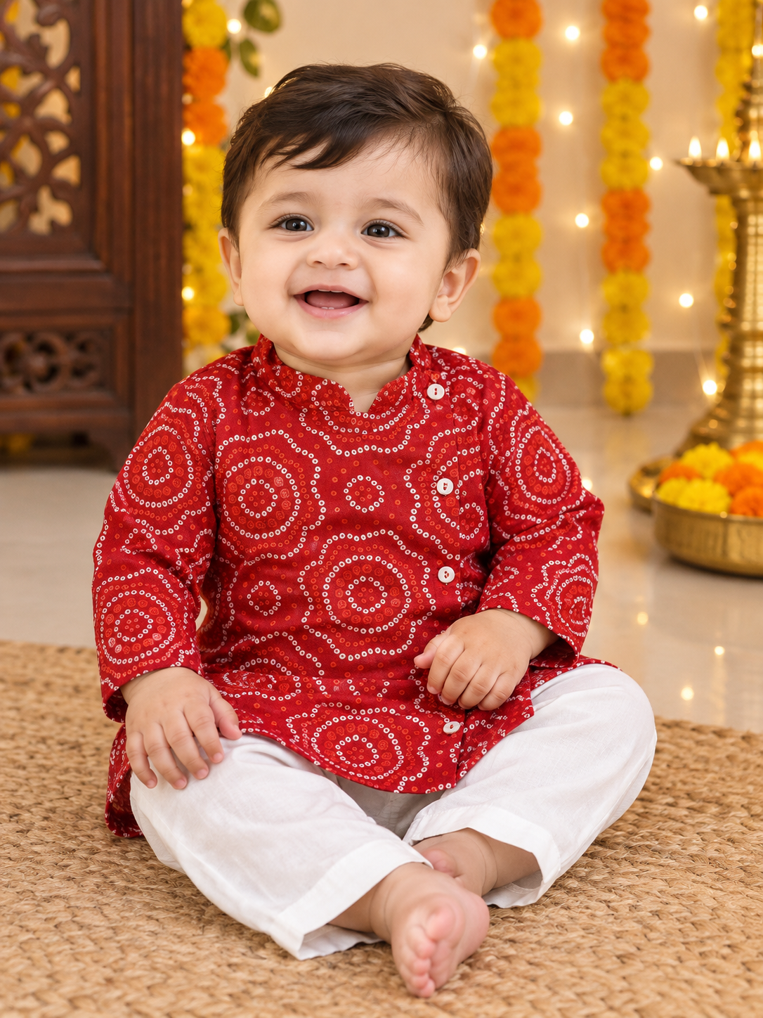 Red Bandhani Infant Kurta Pyjama