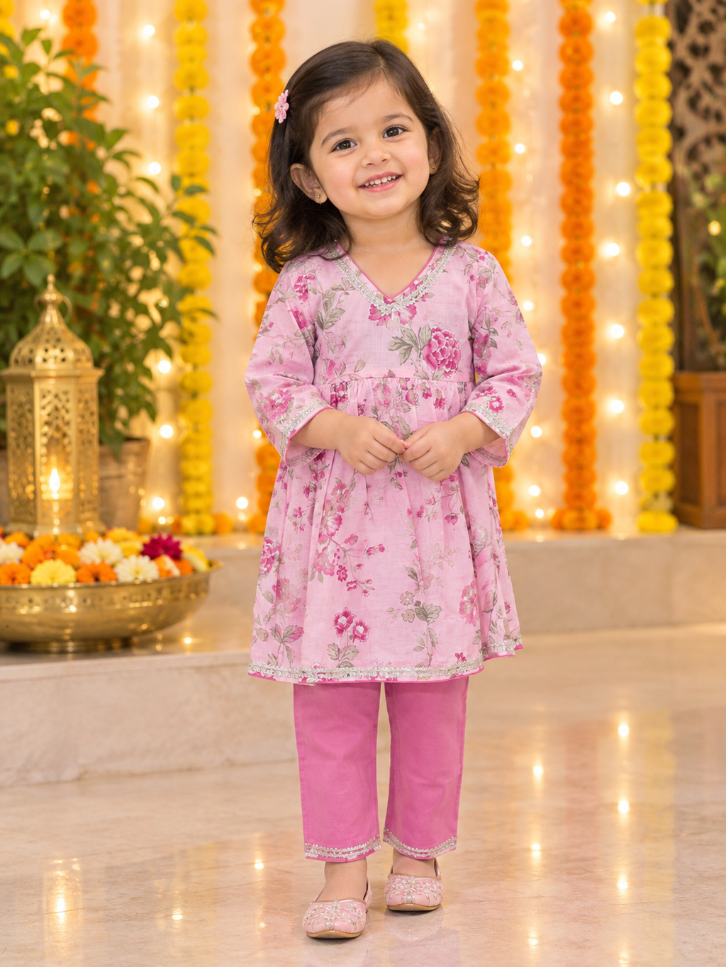 Pink Anarkali Floral Top With Straight Pant Set