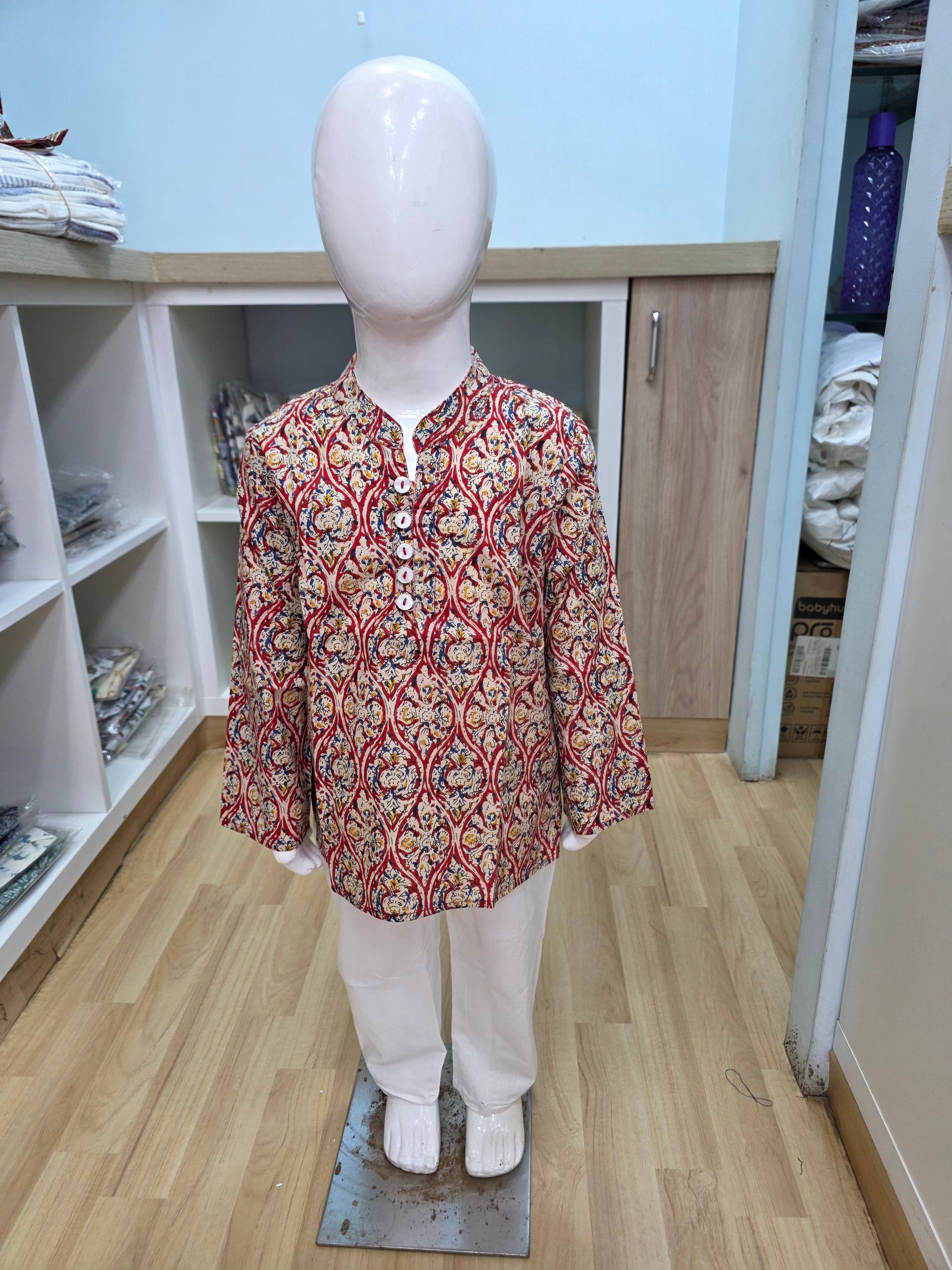 Red Kalamkari Twinning Short Kurta Pyjama
