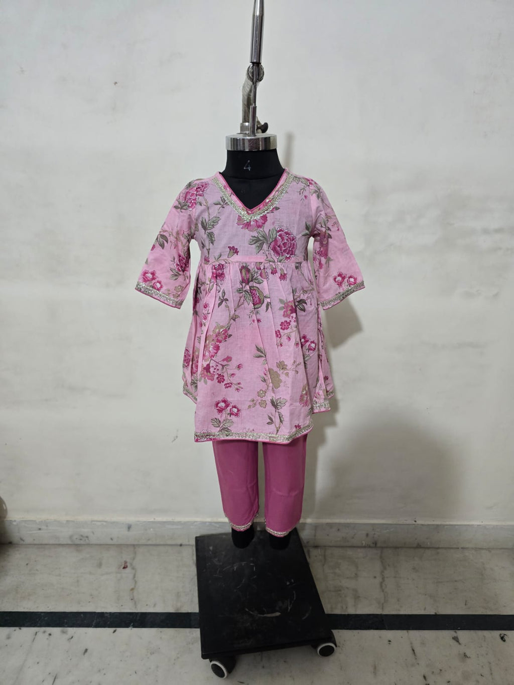 Pink Anarkali Floral Top With Straight Pant Set