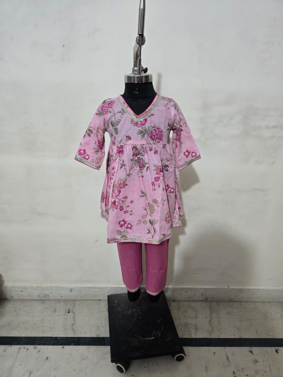 Pink Anarkali Floral Top With Straight Pant Set