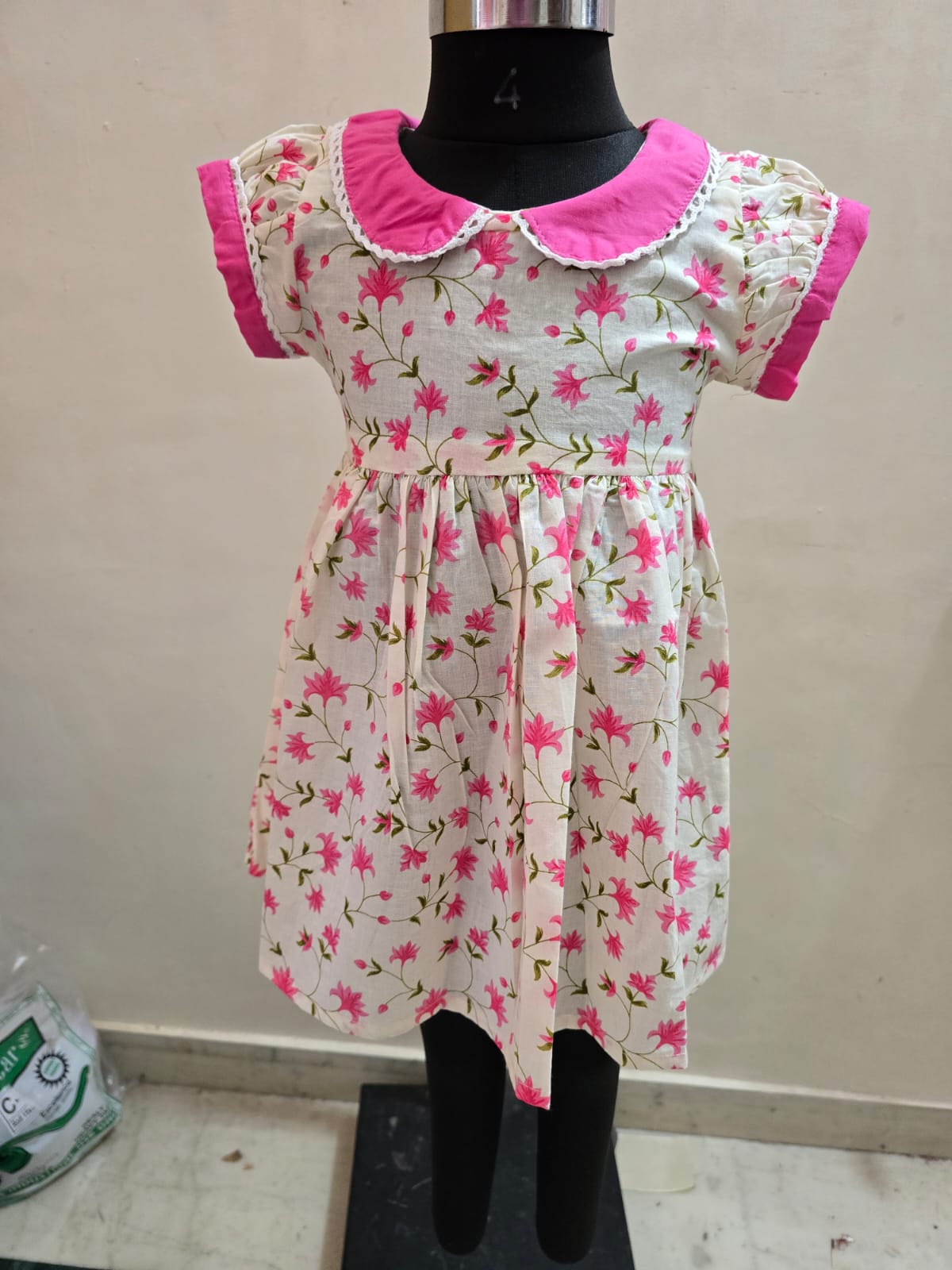 Cream Pink Floral Peter Pan Collar Frock