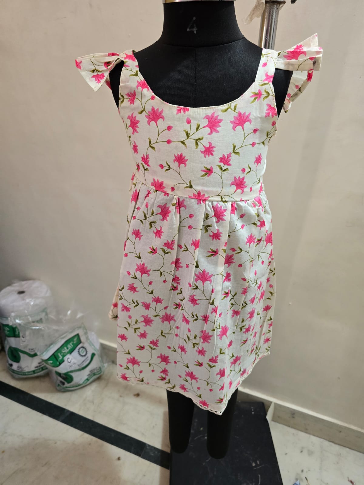 Cream Pink Floral Smocked Back Sleeveless Frock