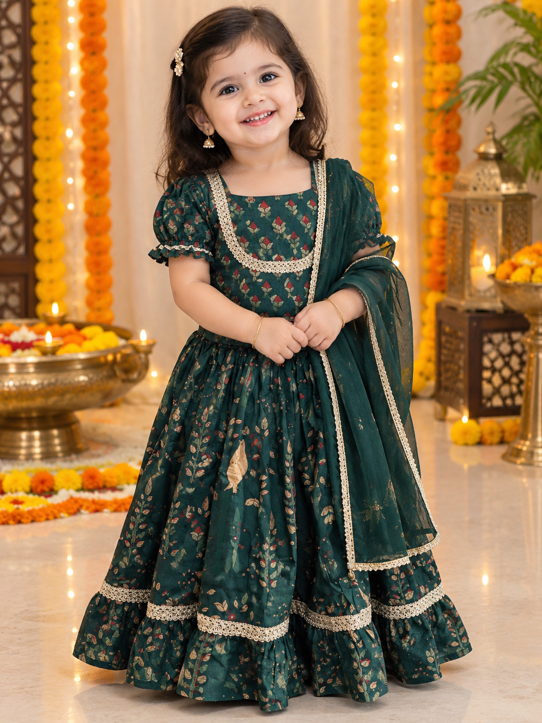Bottle Green Bird Twinning Lehenga with Dupatta