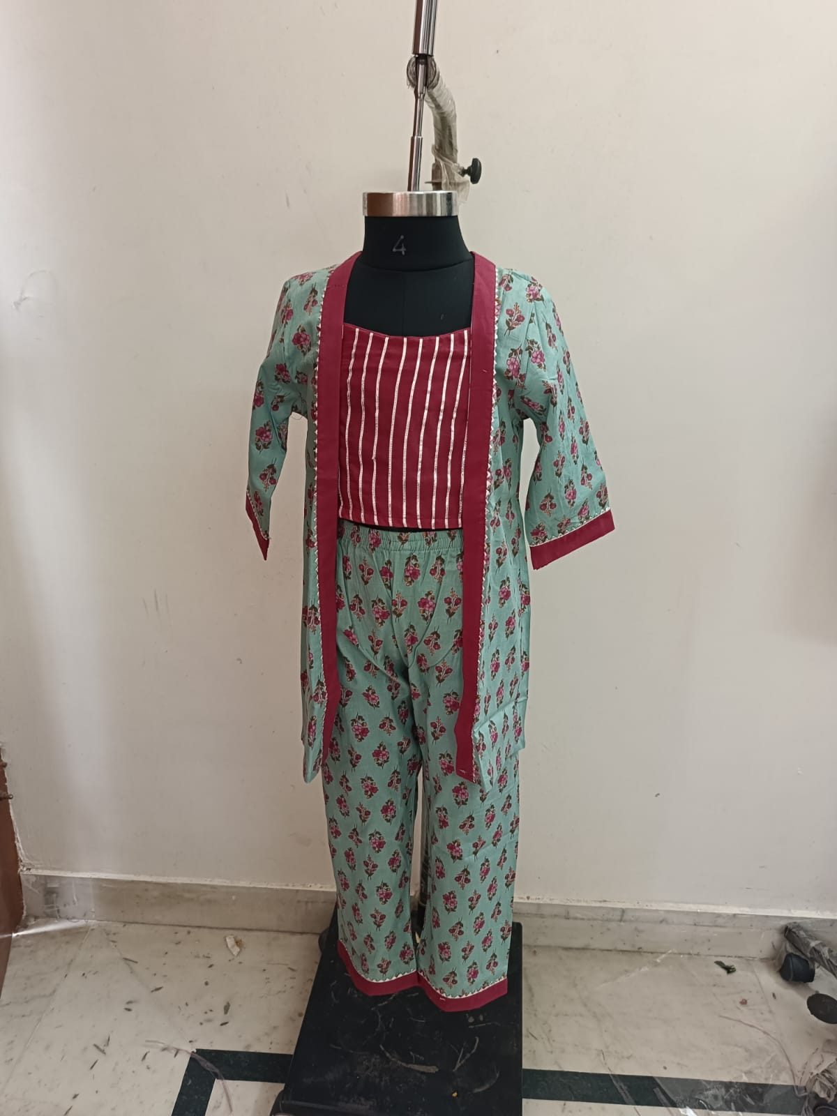 Rama And Maroon Gotapatti Blouse Shrug Coord Set
