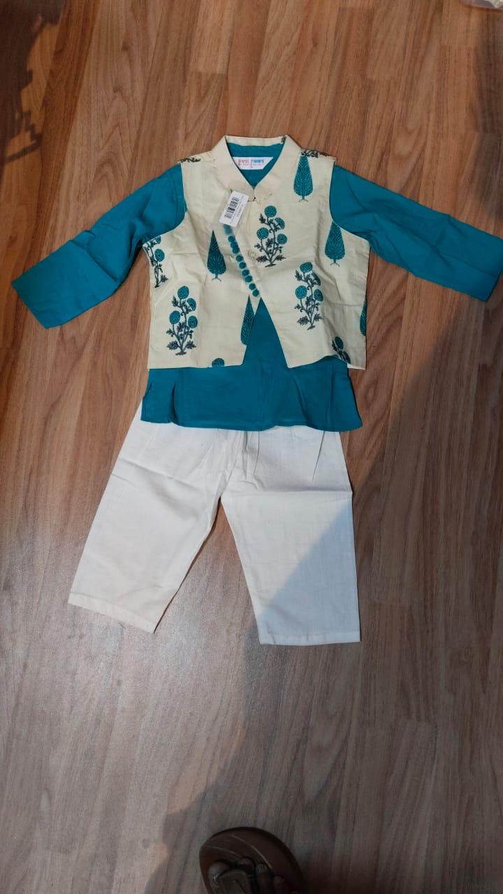 Peacock Blue Cross Cut Floral Jacket Set