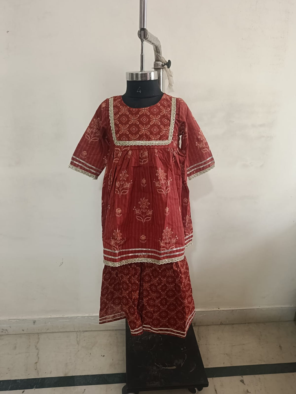 Rust Orange Square Yoke Floral Sharara