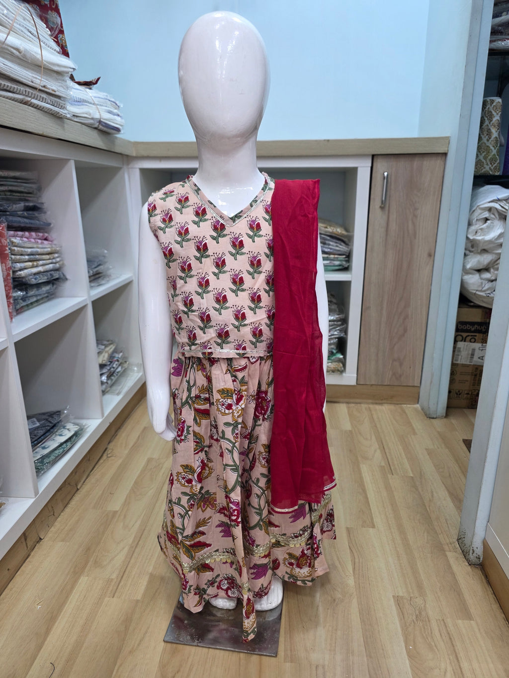 Pink Floral Sleeveless Lehenga with Dupatta