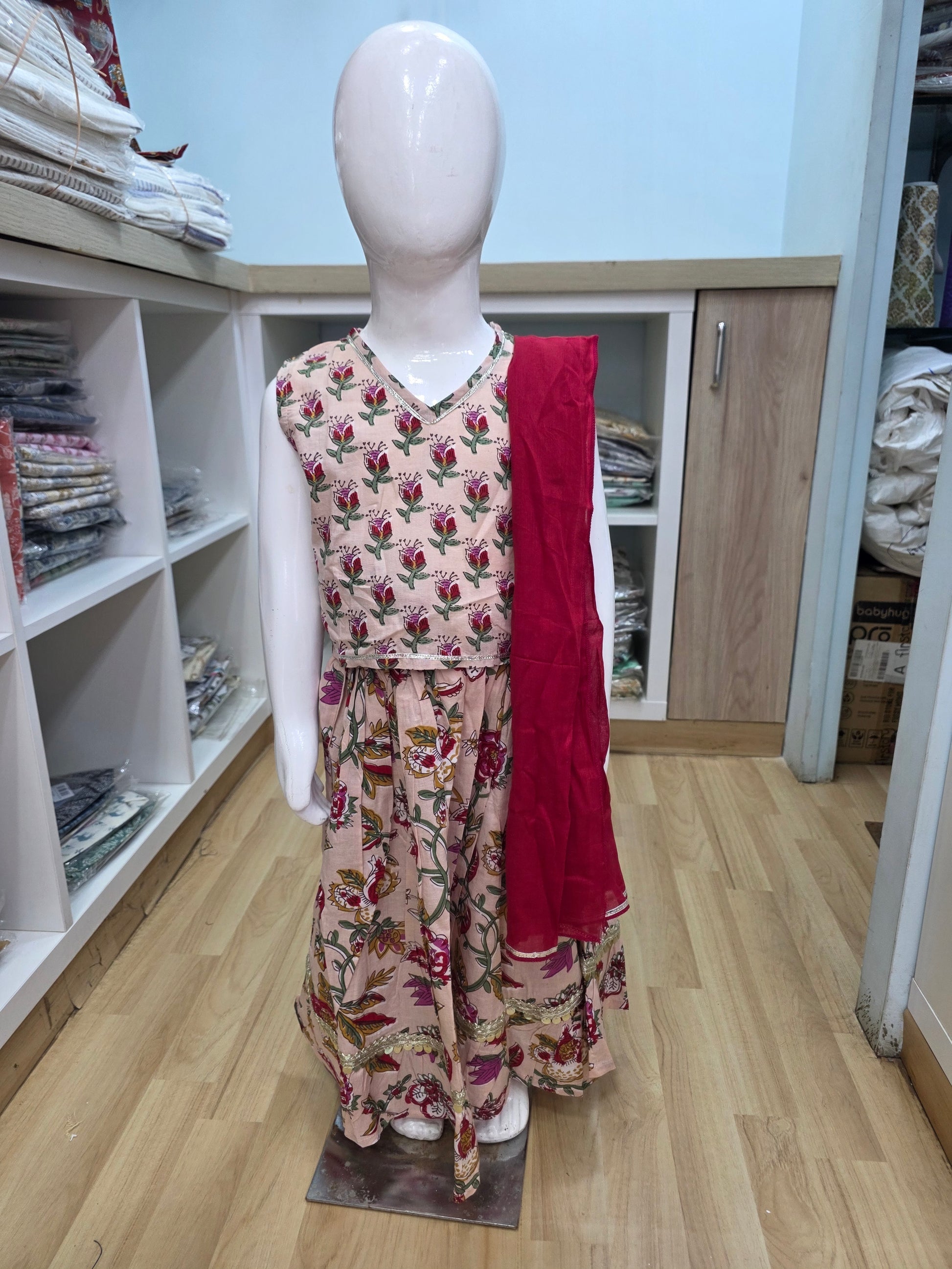 Pink Floral Sleeveless Lehenga with Dupatta