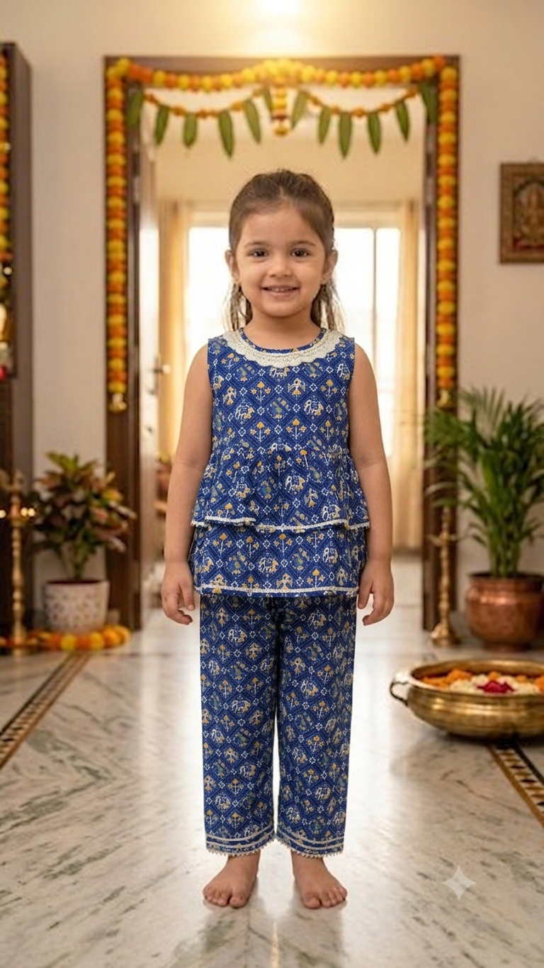 Blue Patola Elephant Straight Pant Set