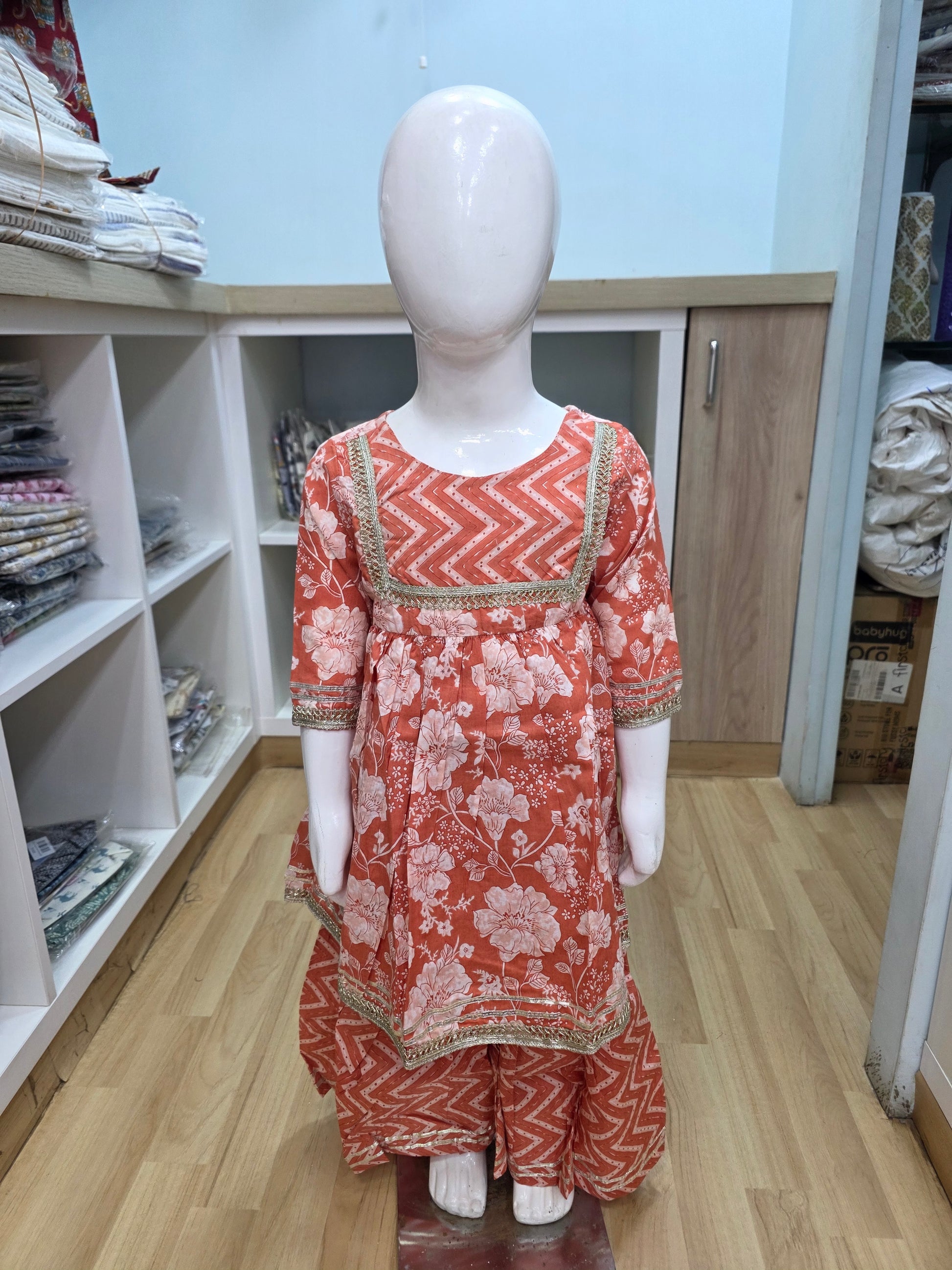 Orange Square Yoke Floral Sharara