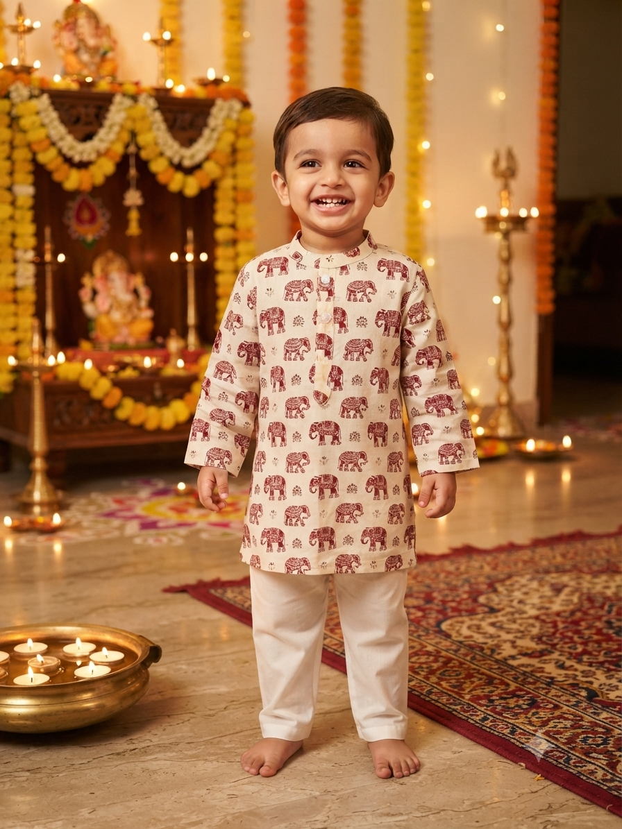 Red Festive Elephant Kurta Pyjama